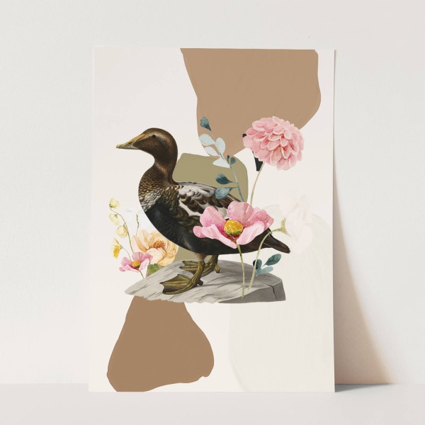 Vogel Motiv Ente Blüten Blumen Kunstvoll Pastelltöne