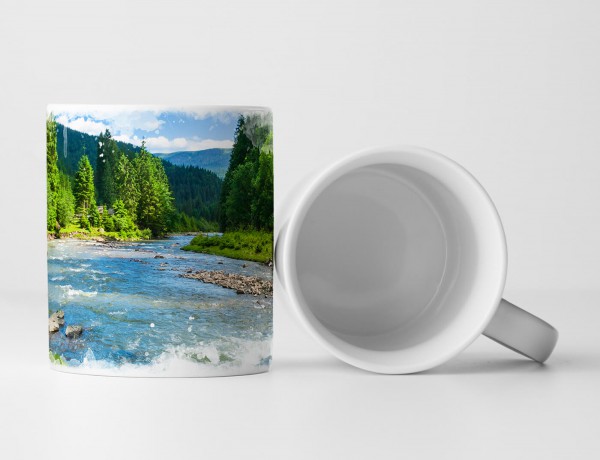 Tasse Geschenk Landschaftsfotografie – Berge mit Bäumen und Fluss