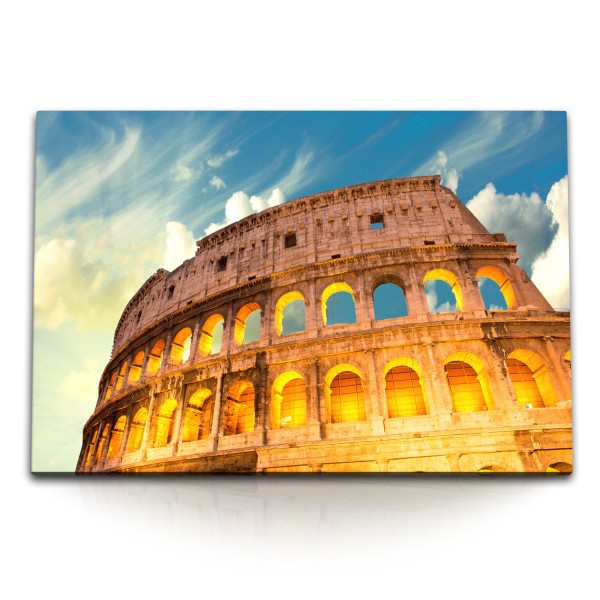 120x80cm Wandbild auf Leinwand Rom Kolosseum Antike Sonnenuntergang blauer Himmel