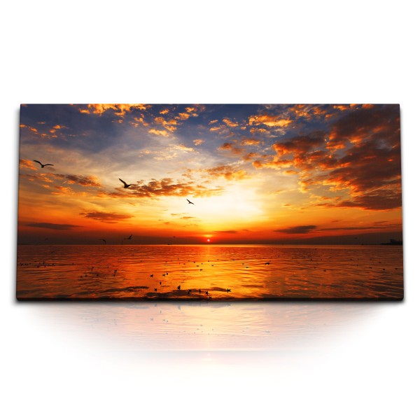 Kunstdruck Bilder 120x60cm Sonnenuntergang Meer Möwen Abendrot Horizont