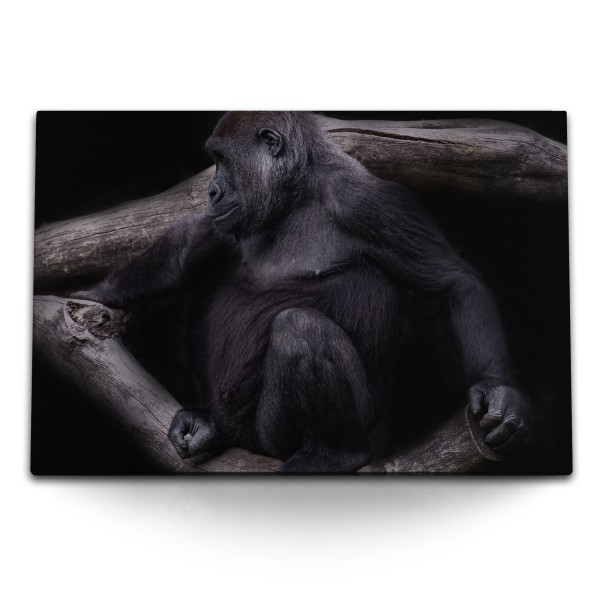 120x80cm Wandbild auf Leinwand Gorilla Tierfotografie Baumstamm Schwarz Affe