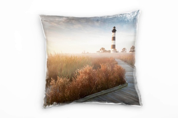 Landschaft, braun, blau, Leuchtturm, Herbst Deko Kissen 40x40cm für Couch Sofa Lounge Zierkissen