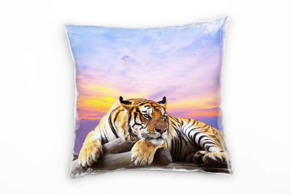 Tiere, bunt, liegender Tiger, Sonnenuntergang Deko Kissen 40x40cm für Couch Sofa Lounge Zierkissen