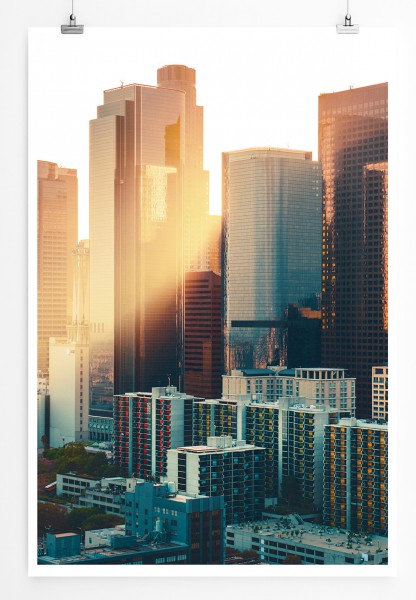 90x60cm Poster Urbane Fotografie Los Angeles Downtown Skyline beim Sonnenaufgang