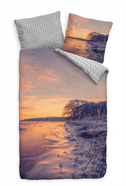 Sonnenuntergang Skandinavien Frost Lila Bettwäsche Set 135x200 cm + 80x80cm Atmungsaktiv