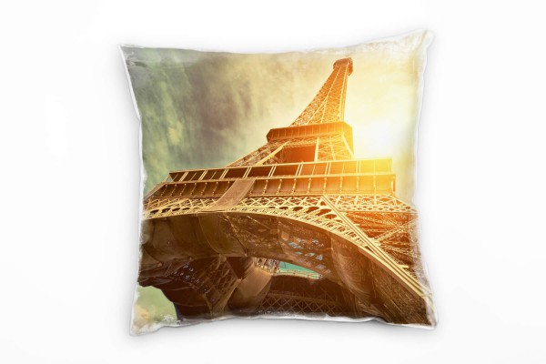 City, Eiffelturm, Paris, Sonne, orange, blau Deko Kissen 40x40cm für Couch Sofa Lounge Zierkissen