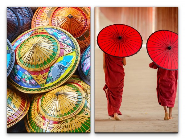 2 Bilder je 60x90cm Sonnenschirme Papierschirme Mönche Buddhismus Meditation Asien Yoga