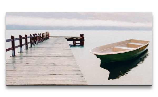Leinwandbild 120x60cm Boot Meer Steg Malerisch Idyllisch Horizont Friedlich
