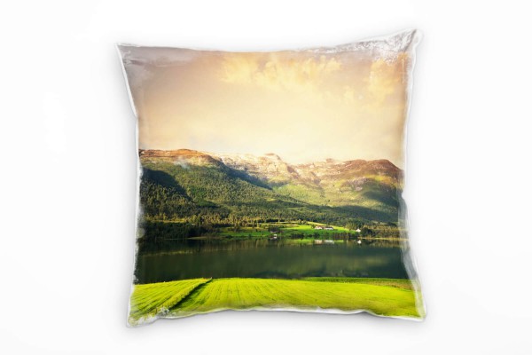 Seen, grün, orange, Berge, Wiesen, Spiegelung Deko Kissen 40x40cm für Couch Sofa Lounge Zierkissen