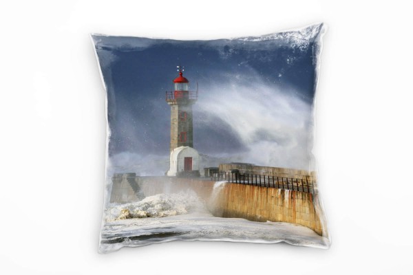 Meer, Leuchtturm, große Wellen, blau, braun, weiß Deko Kissen 40x40cm für Couch Sofa Lounge Zierkiss