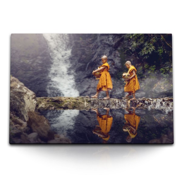 120x80cm Wandbild auf Leinwand Thailand zwei kleine Mönche Dschungel Wasserfall Natur