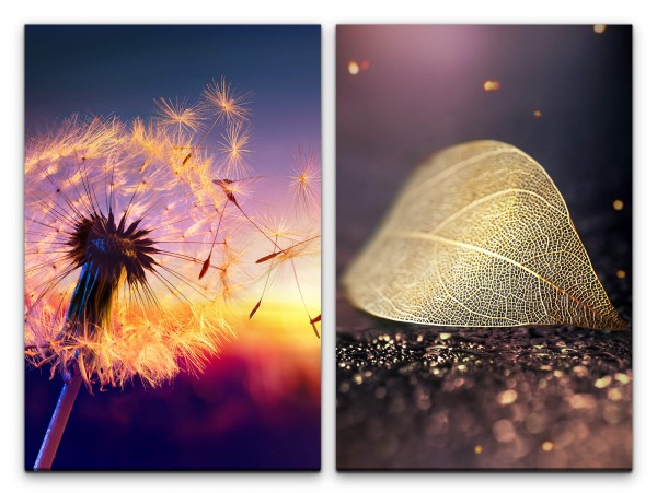 2 Bilder je 60x90cm Pusteblume Blattadern Traumhaft Sonnenuntergang Fotokunst Dekorativ Zauberhaft