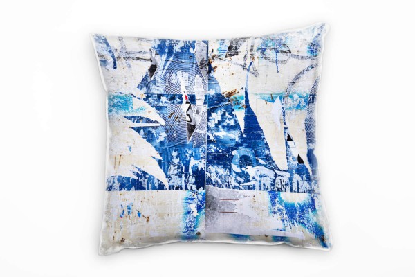 Abstrakt, beige, blau, abgerissenes Plakat Deko Kissen 40x40cm für Couch Sofa Lounge Zierkissen