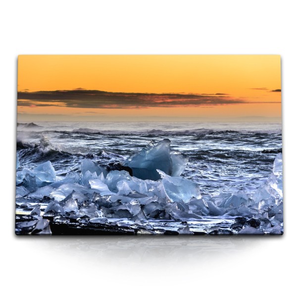 120x80cm Wandbild auf Leinwand Eisschollen Eis Meer Strand roter Himmel Norden