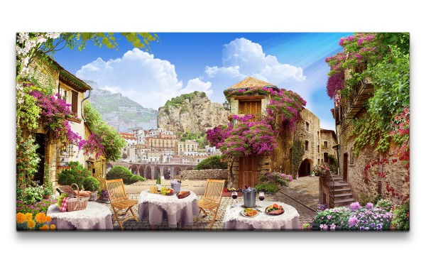 Leinwandbild 120x60cm Idyllisches Dorf Süden Mittelmeer Traumhaft Café Romantisch