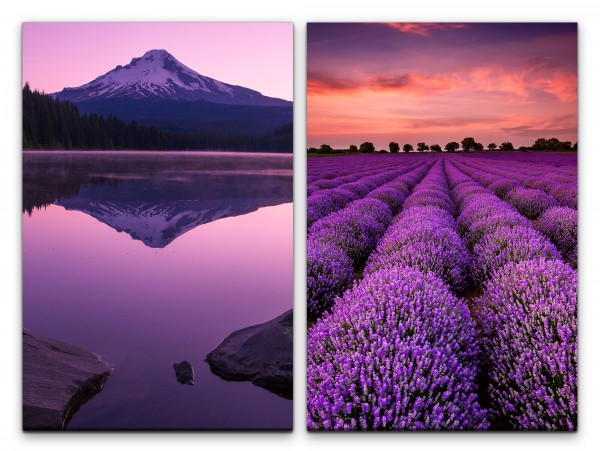 2 Bilder je 60x90cm Fuji Vulkan Japan Lavendelfeld See Reflexion Ruhe