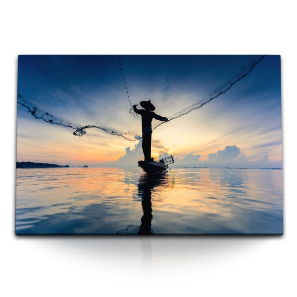 120x80cm Wandbild auf Leinwand Thailand Fischer Fischernetz Kunstvoll Sonnenuntergang Meer