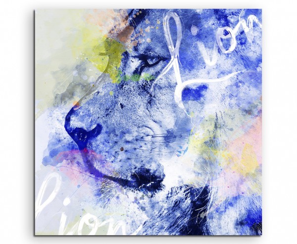 Wilder Löwe in Blautönen mit Kalligraphie
