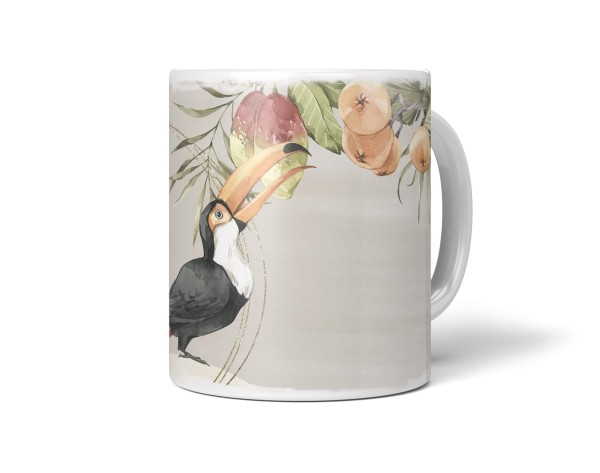 Dekorative Tasse mit schönem Vogel Motiv Tukan exotische Früchte Kunstvoll Vintage Design