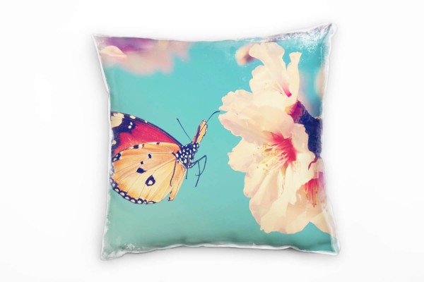Tiere, Schmetterling, Kirschblüten, rosa, türkis Deko Kissen 40x40cm für Couch Sofa Lounge Zierkisse
