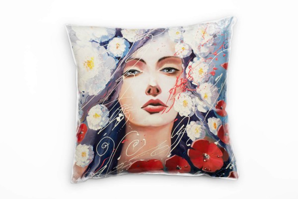 Abstrakt, Frauengesicht, gemalt, blau, rot, weiß Deko Kissen 40x40cm für Couch Sofa Lounge Zierkisse