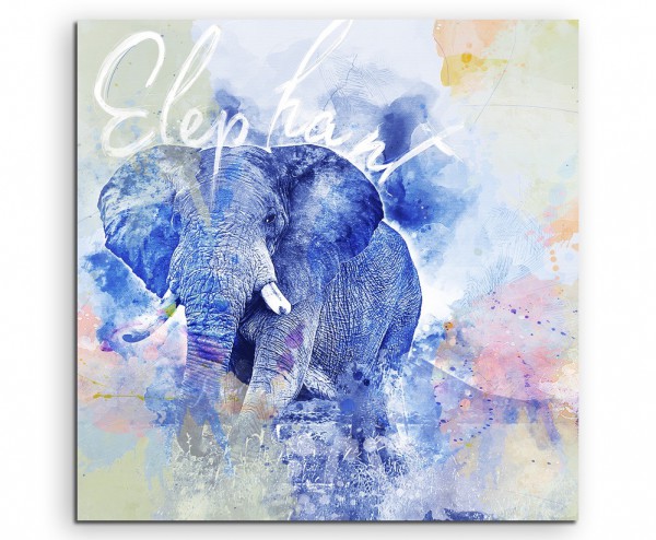 Großer Elefant in Blautönen mit Kalligraphie