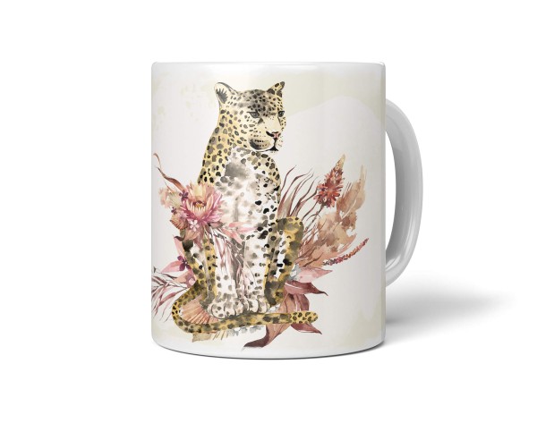 Tasse Porzellan Tier Motiv Jaguar Raubkatze Blumen Kunstvoll Aquarell