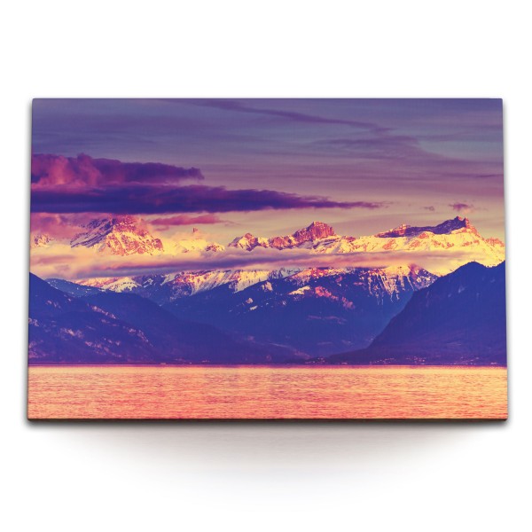 120x80cm Wandbild auf Leinwand Berge See Schneegipfel Blau Sonnenuntergang Natur