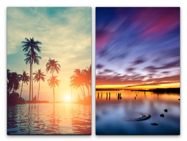 2 Bilder je 60x90cm Palmen Miami Meer Sonnenuntergang Sommer Abendröte Urlaub