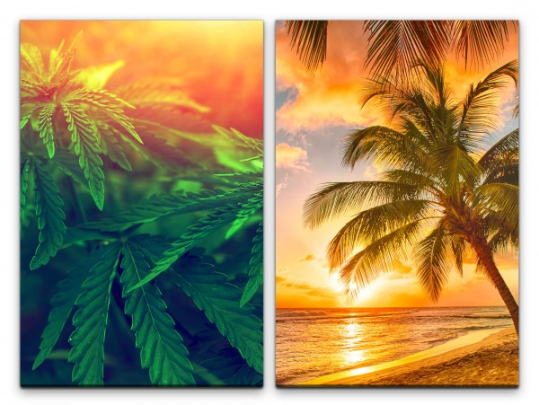 2 Bilder je 60x90cm Cannabis Hanfblüten Hanfblatt Palmen Urlaub Chillen Sommer