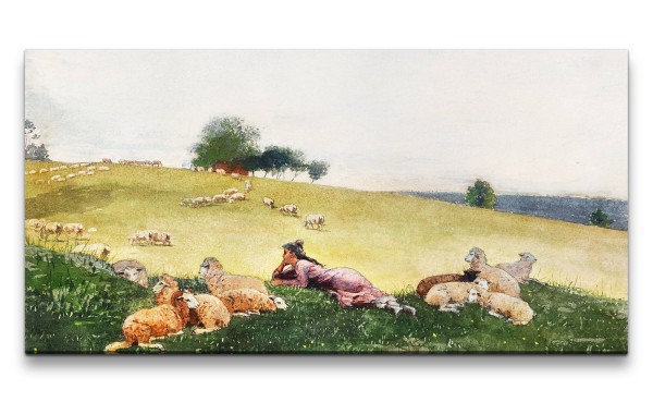 Remaster 120x60cm Winslow Homer weltberühmtes Wandbild Shepherdess of Houghton Farm Schafe Natur