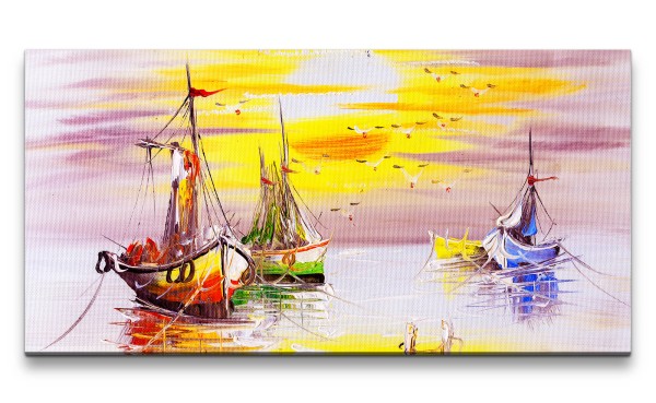 Leinwandbild 120x60cm Fischerboote Meer Hafen Sonnenuntergang Malerisch Kunstvoll
