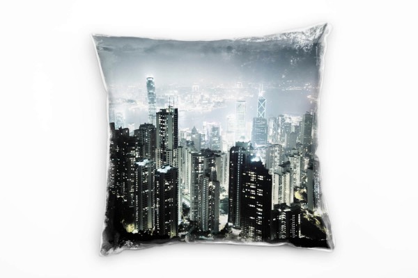 urban und City, schwarz, grau, Hongkong, Nacht Deko Kissen 40x40cm für Couch Sofa Lounge Zierkissen