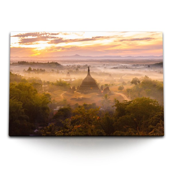 120x80cm Wandbild auf Leinwand Myanmar Tempelanlage Dschungel Sonnenuntergang Abendrot