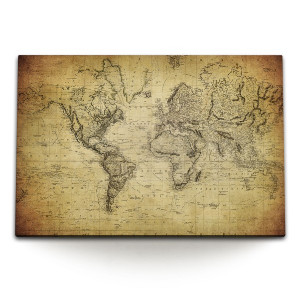 120x80cm Wandbild auf Leinwand Alte Weltkarte Landkarte Erde Braun Vintage