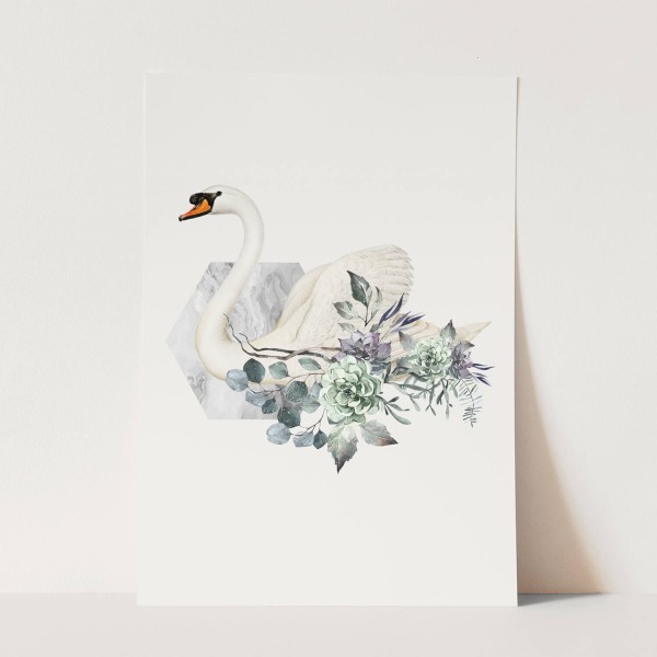 Vogel Motiv weißer Schwan Blumen Mystisch Märchenhaft
