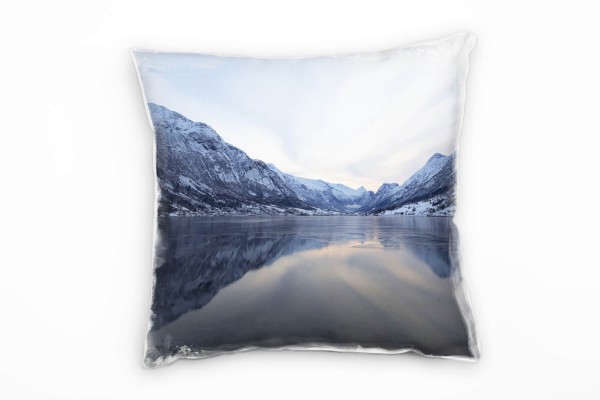 Landschaft, Fjord, Norwegen, Berge, grau Deko Kissen 40x40cm für Couch Sofa Lounge Zierkissen