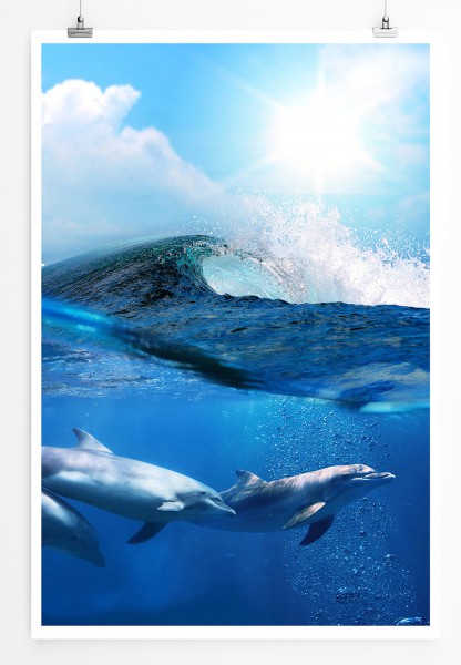 90x60cm Poster Tierfotografie Delfingruppe unter einer Meereswellle