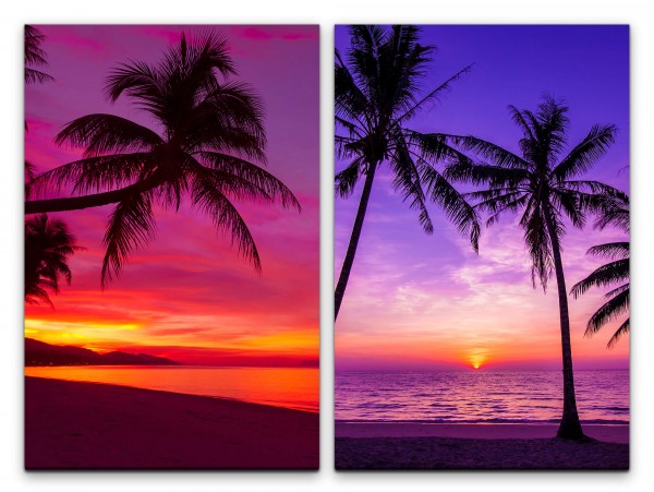 2 Bilder je 60x90cm Palmen Paradies Traumstrand roter Himmel Sonnenuntergang Meer Traumurlaub