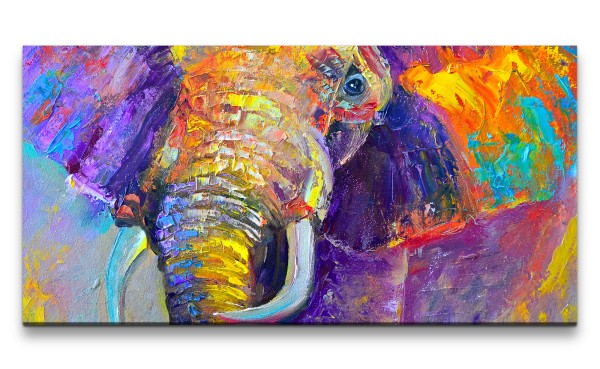 Leinwandbild 120x60cm Elefant Abstrakt Farbenfroh Bunt Kunstvoll Stoßzähne