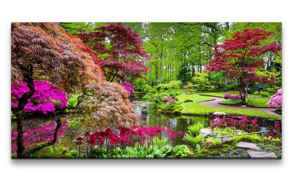 Leinwandbild 120x60cm Japanischer Garten Teich Bäume Idyllisch Harmonisch