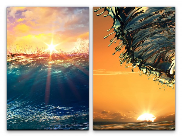 2 Bilder je 60x90cm Wellen Wasser Sonnenstrahlen perfekte Welle Surfen Meer Abenddämmerung