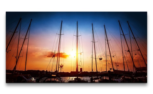 Leinwandbild 120x60cm Hafen Boote Sonnenuntergang Segelmasten Meer