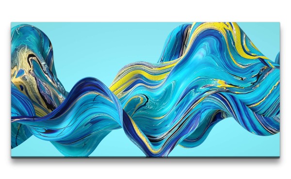 Leinwandbild 120x60cm 3d Art Abstrakt Energie Welle Blau Gold Dekorativ