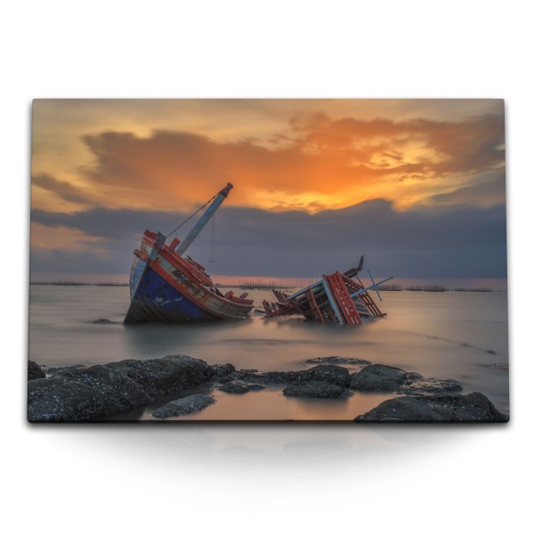 120x80cm Wandbild auf Leinwand Schiffsfrack Ebbe See roter Himmel Abendrot Horizont