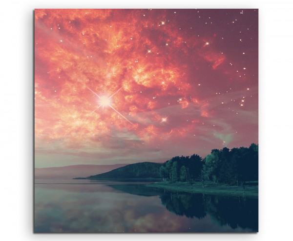 Landschaftsfotografie – Roter Sternenhimmel am See auf Leinwand