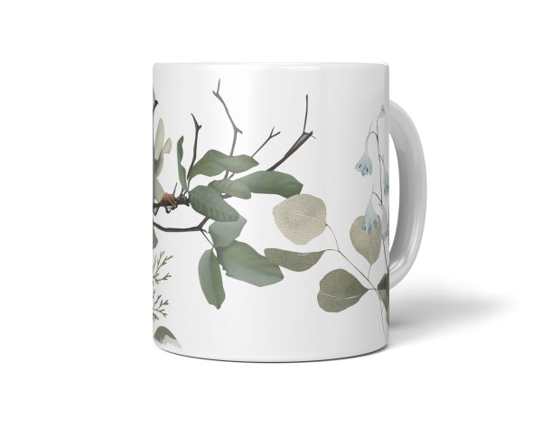 Dekorative Tasse mit schönem Vogel Motiv Singvogel Ast Eukalyptus Blumen Kunstvoll