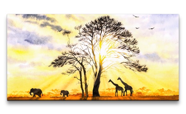 Leinwandbild 120x60cm Afrika Kunstvoll Sonnenschein Baum Natur Giraffen Elefanten
