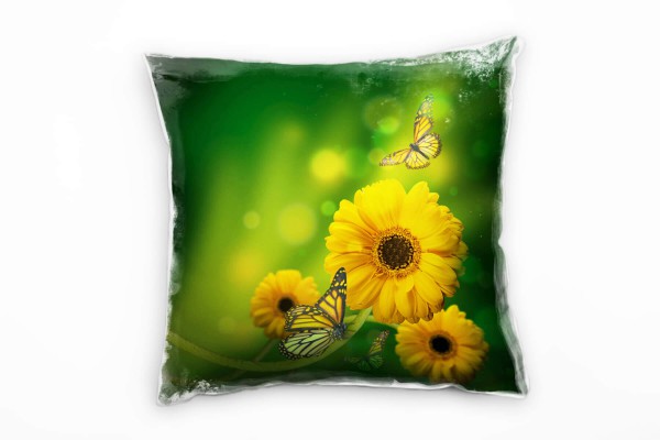 Blumen, gelb, grün, Gerbera mit Schmetterling Deko Kissen 40x40cm für Couch Sofa Lounge Zierkissen
