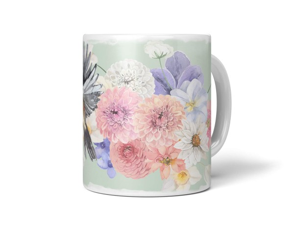 Dekorative Tasse mit schönem Vogel Motiv Sperling Blumen Blüten Frühling Traumhaft Pastelltöne